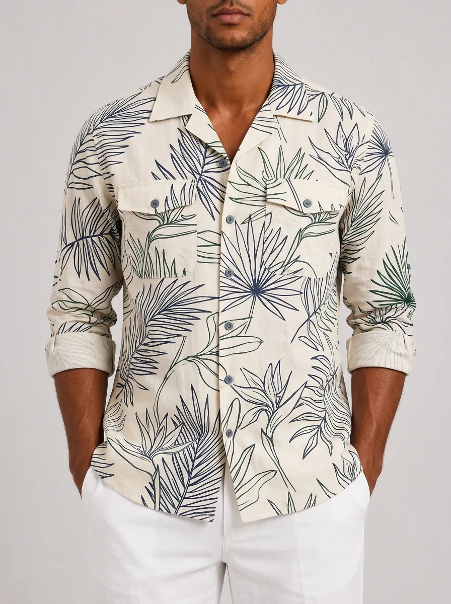 Men's Tropical Palm Leaf Printed Button Down Shirt