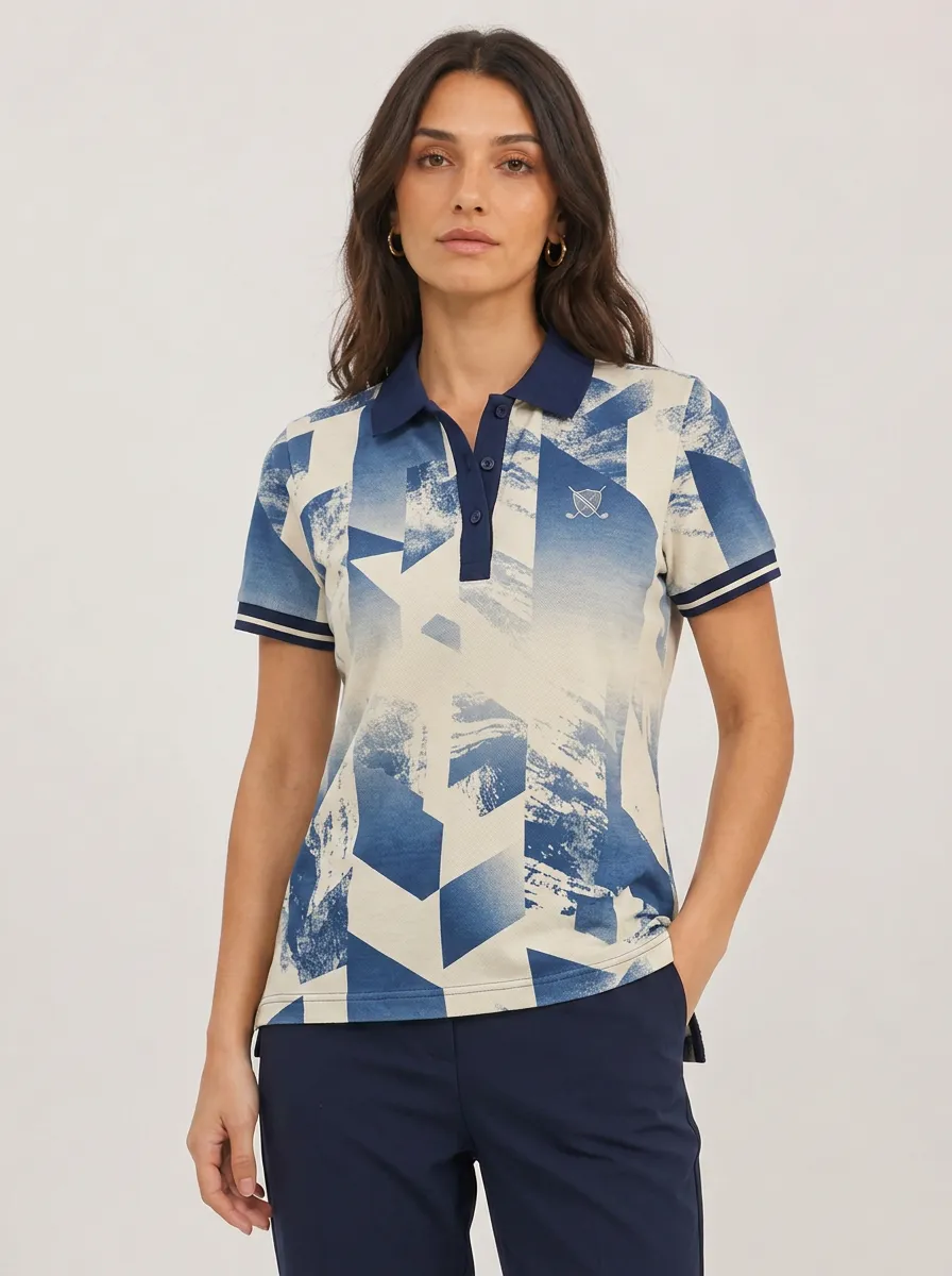 Women's Golf Lover Blue Geometric Pattern Printed Polo Shirt
