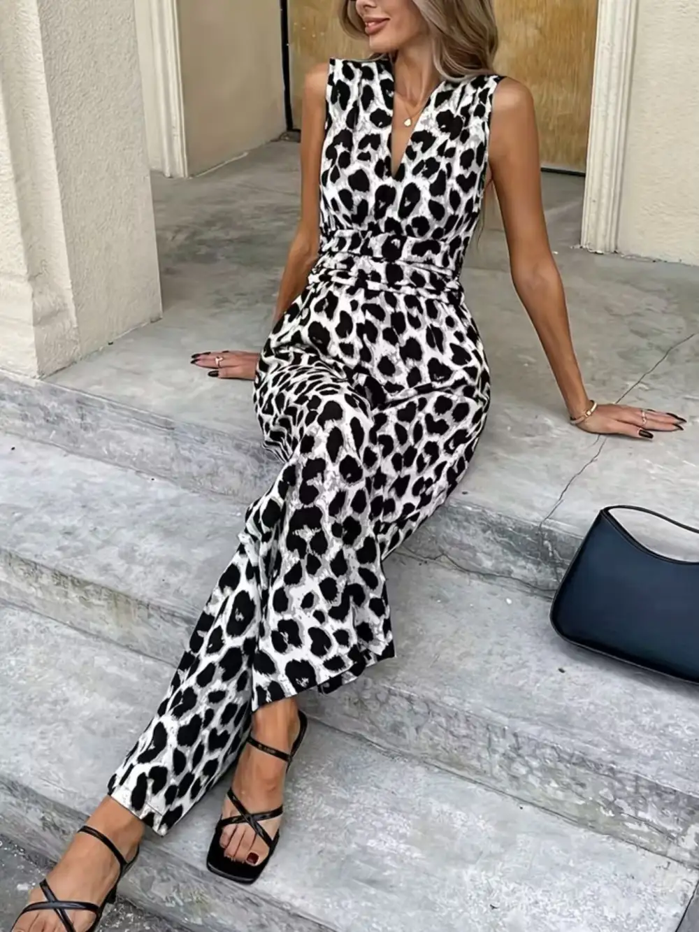 Sleeveless V Neck Leopard Print Wide Jumpsuit