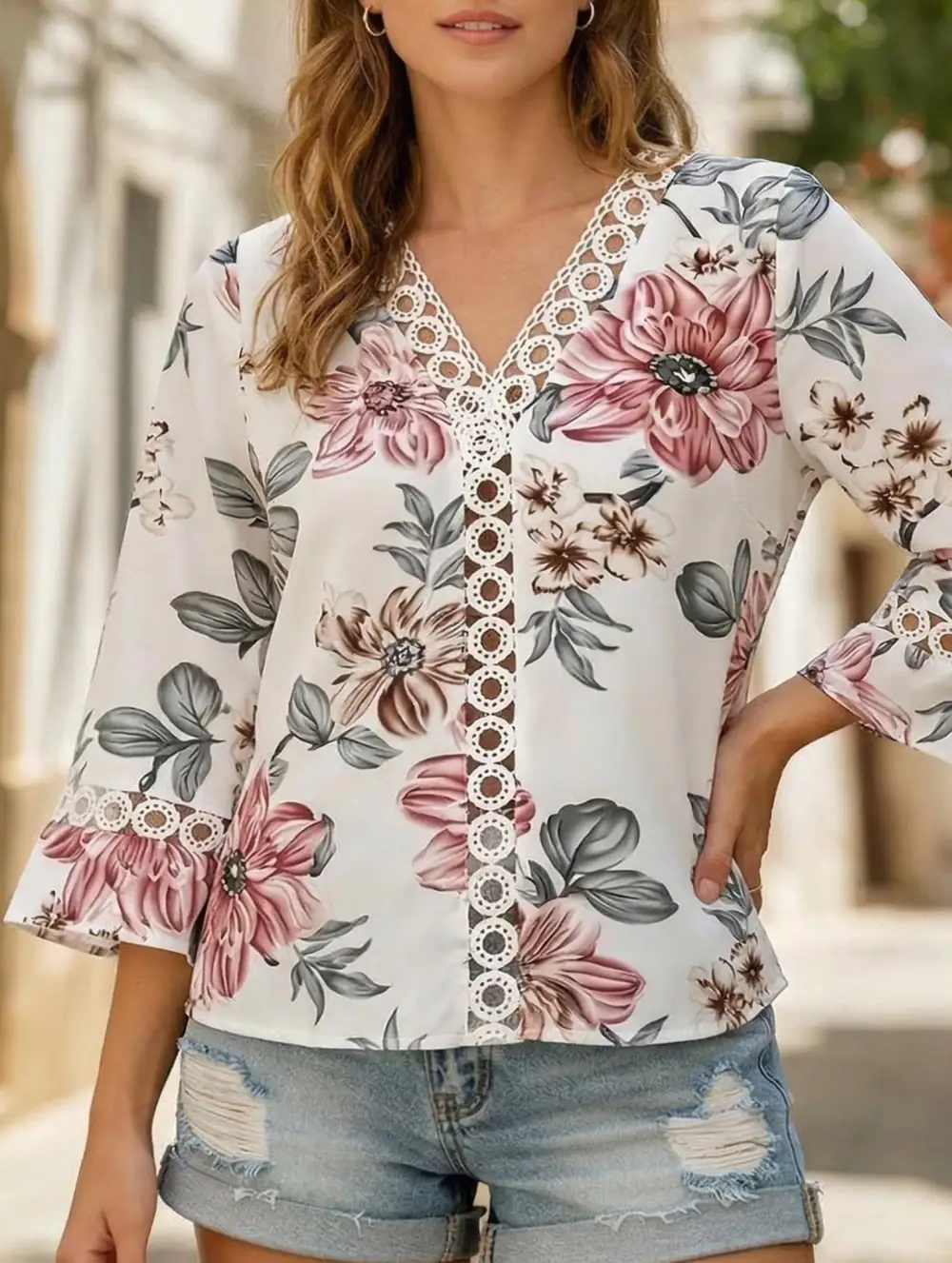 V-Neck Lace Flare Sleeve Top