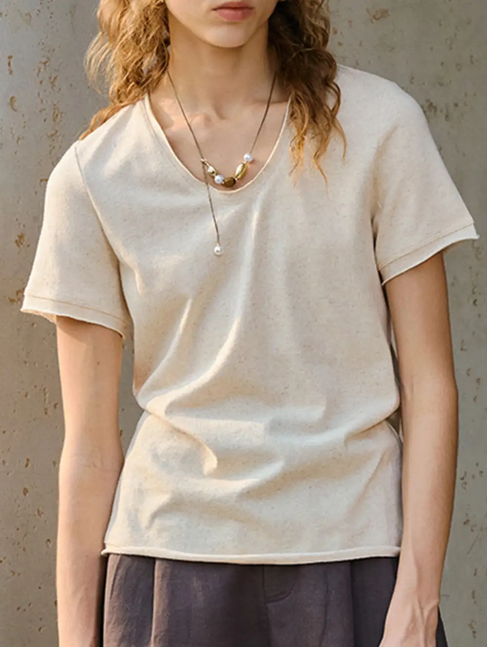 Linen Blend V Neck Knit Tee