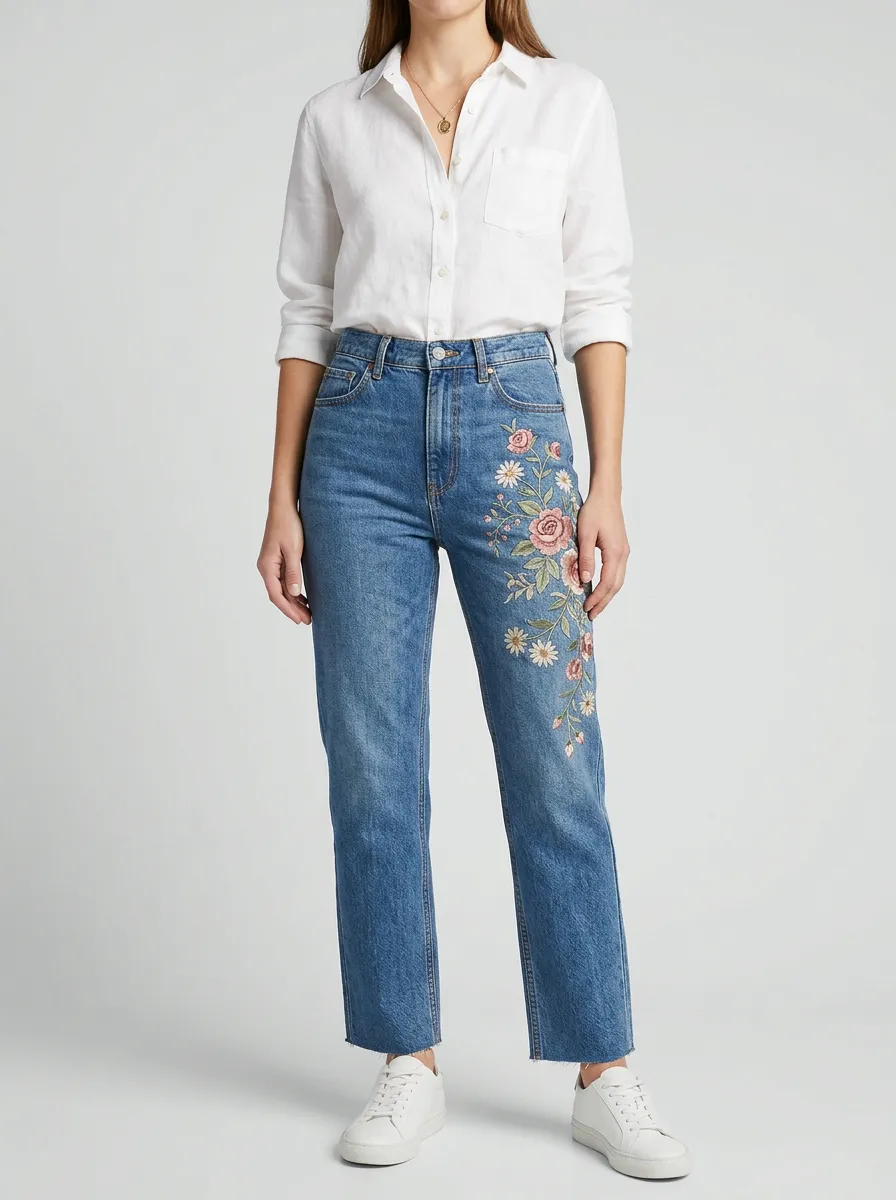 Women's Floral Lover Rose Daisy Embroidered Straight Leg Jeans