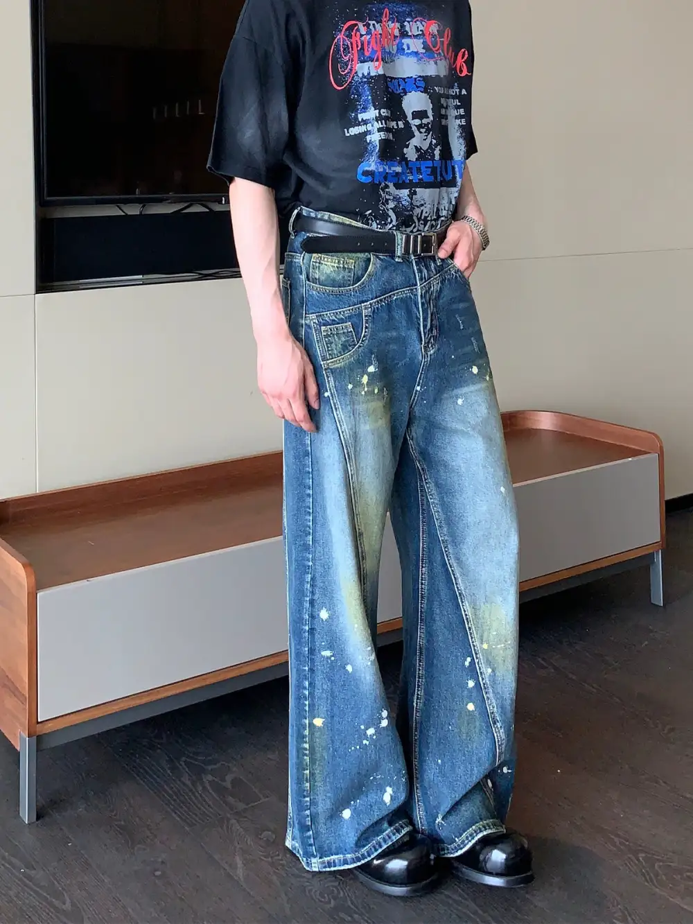 Paint-Splatter Wide-Leg Jeans