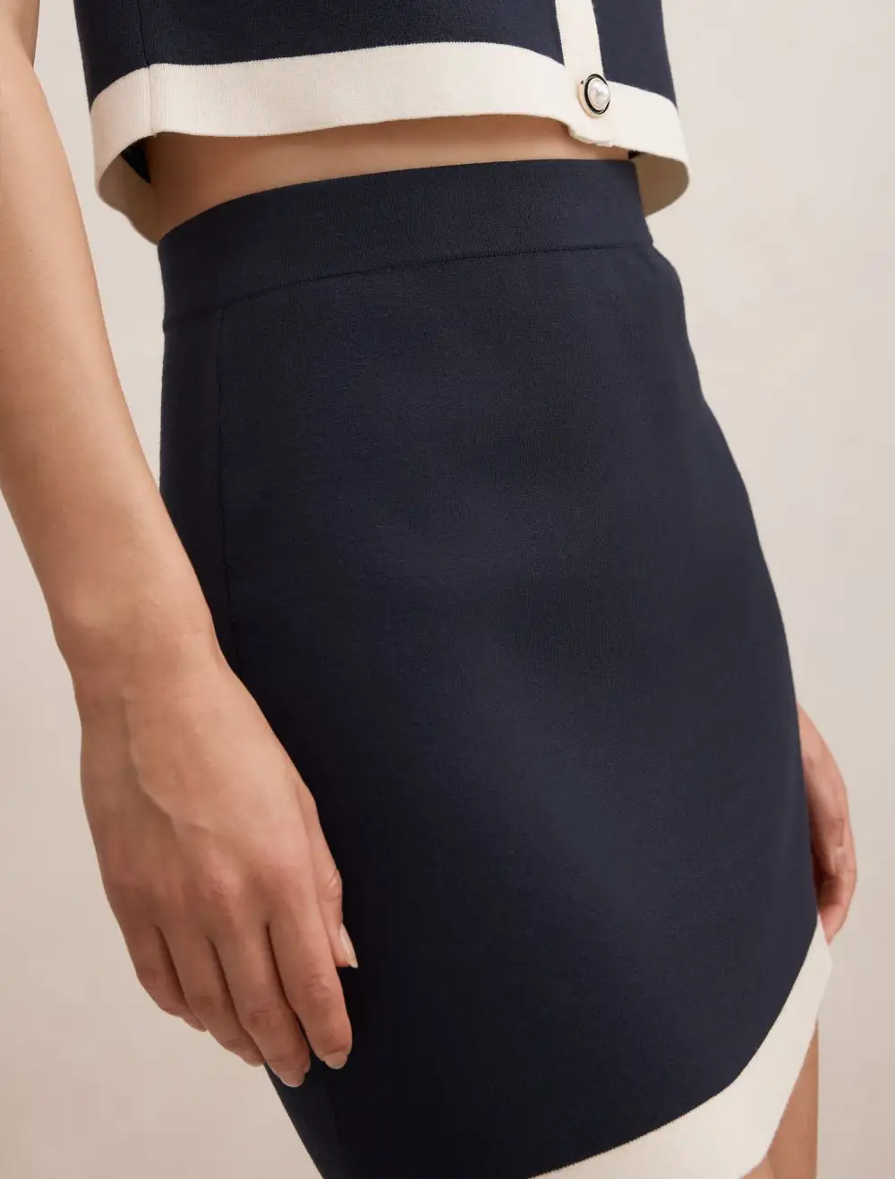 Navy Knitted Mini Skirt with White Trim