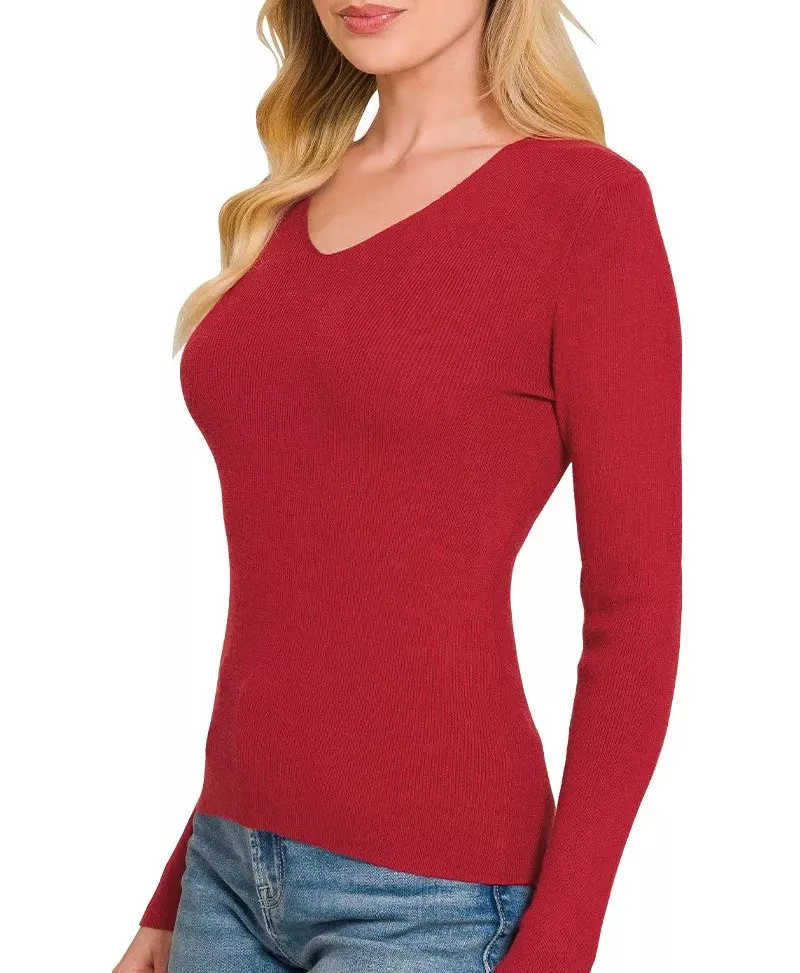 Tailored Viscose Fitted V-Neck Sweater