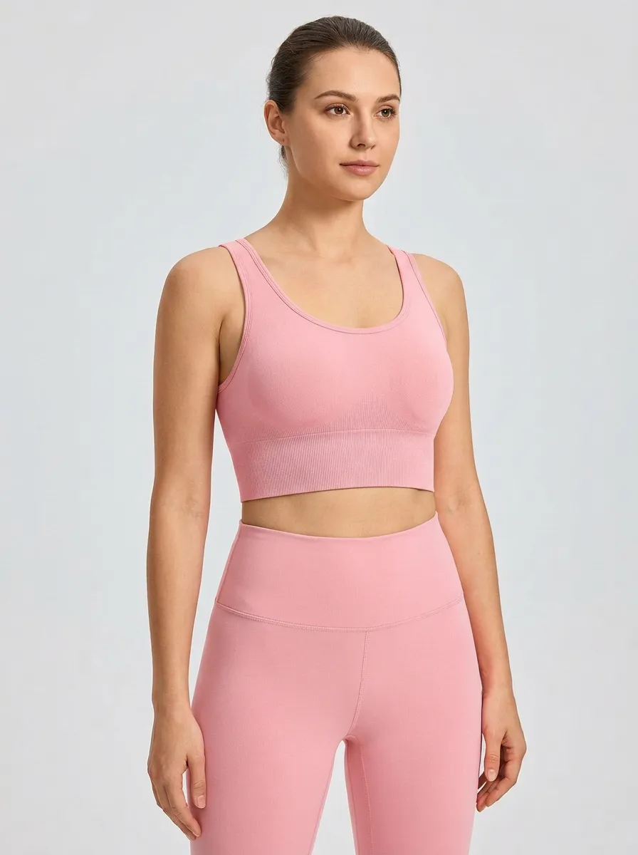 Women's Scoop-Neck Ribbed Seamless Wide-Strap Wide-Band Moderate-Coverage Sports Bra