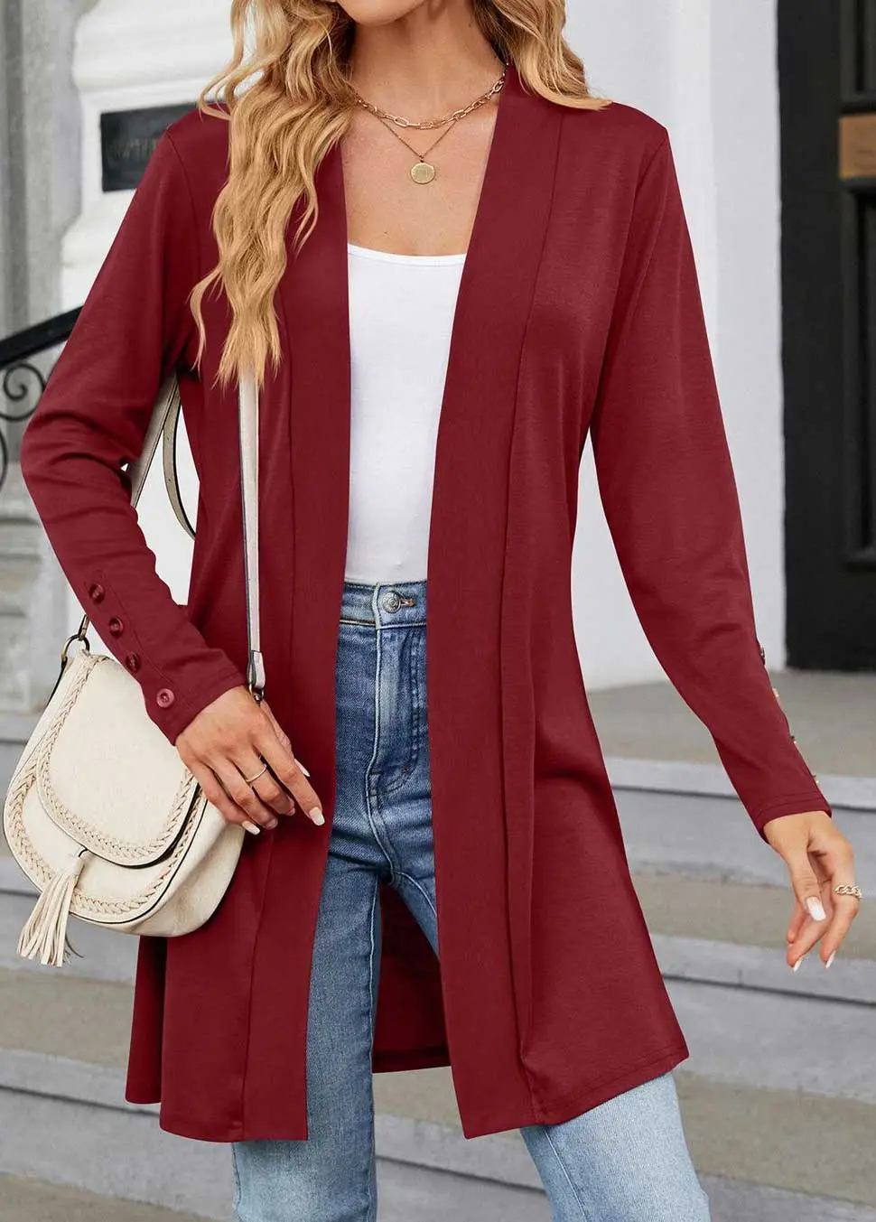 Wine Red Button Long Sleeve V Neck Coat