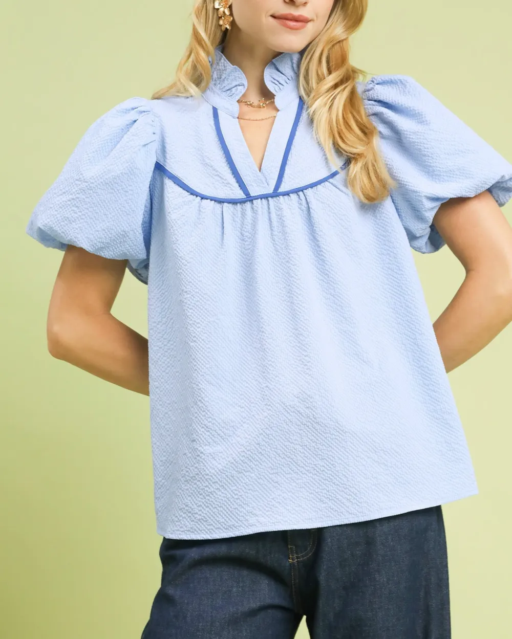 Textured Puff Sleeve Blouse With Contrast Trim