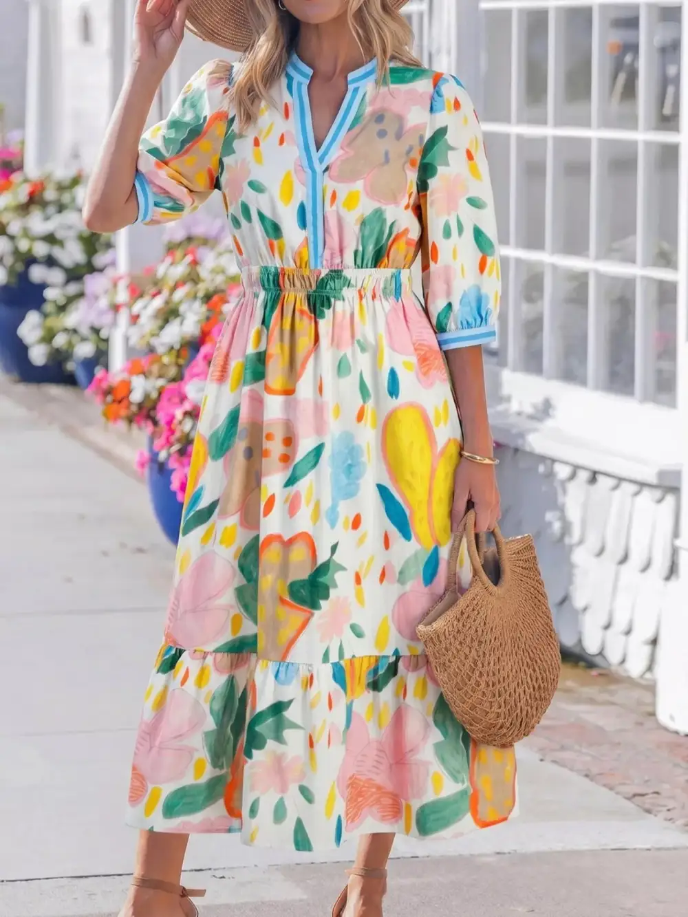 Multicolour Doodle Print Trim V Neck Midi Dress