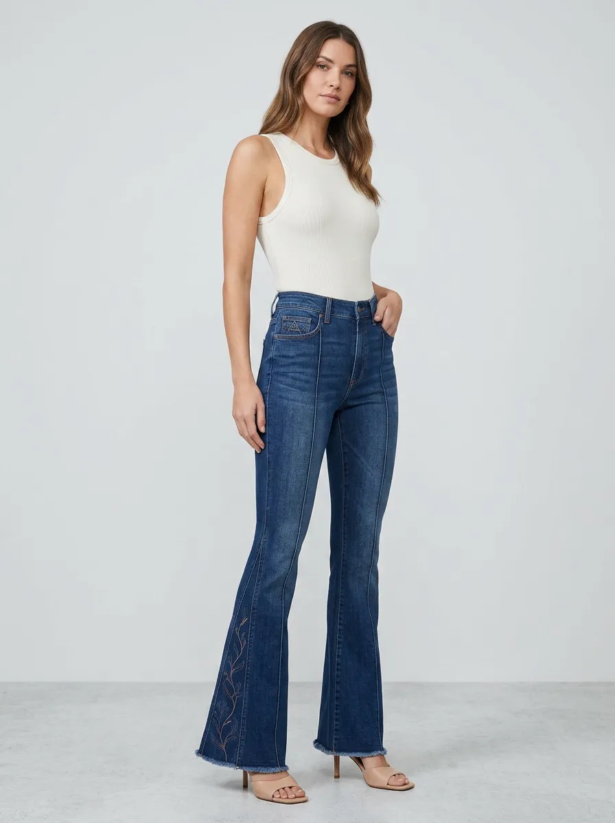 Women's Modern Floral Embroidered High Rise Flare Jeans