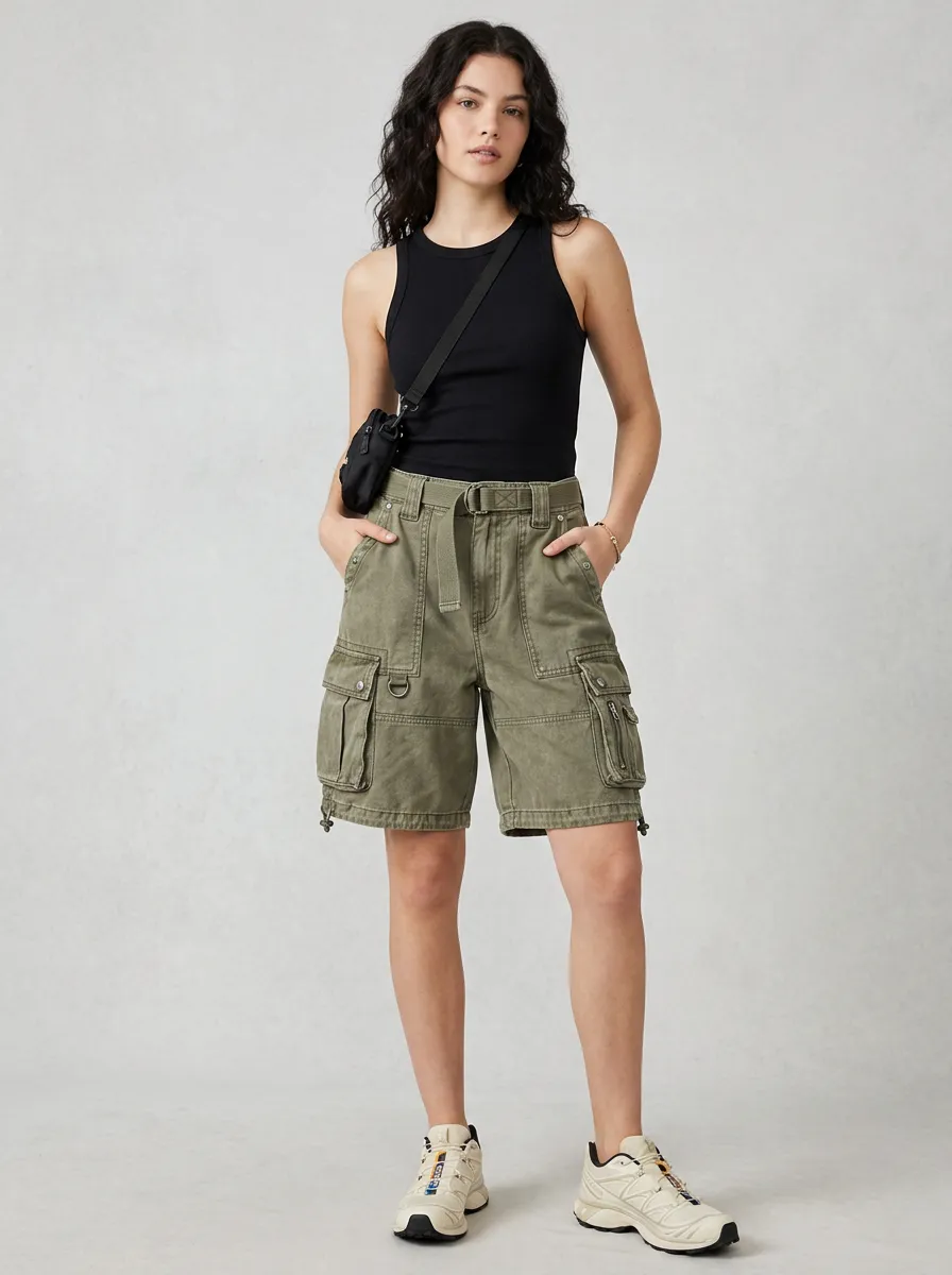 Women's Utility Mid-Rise Belted D-Ring Cargo Shorts