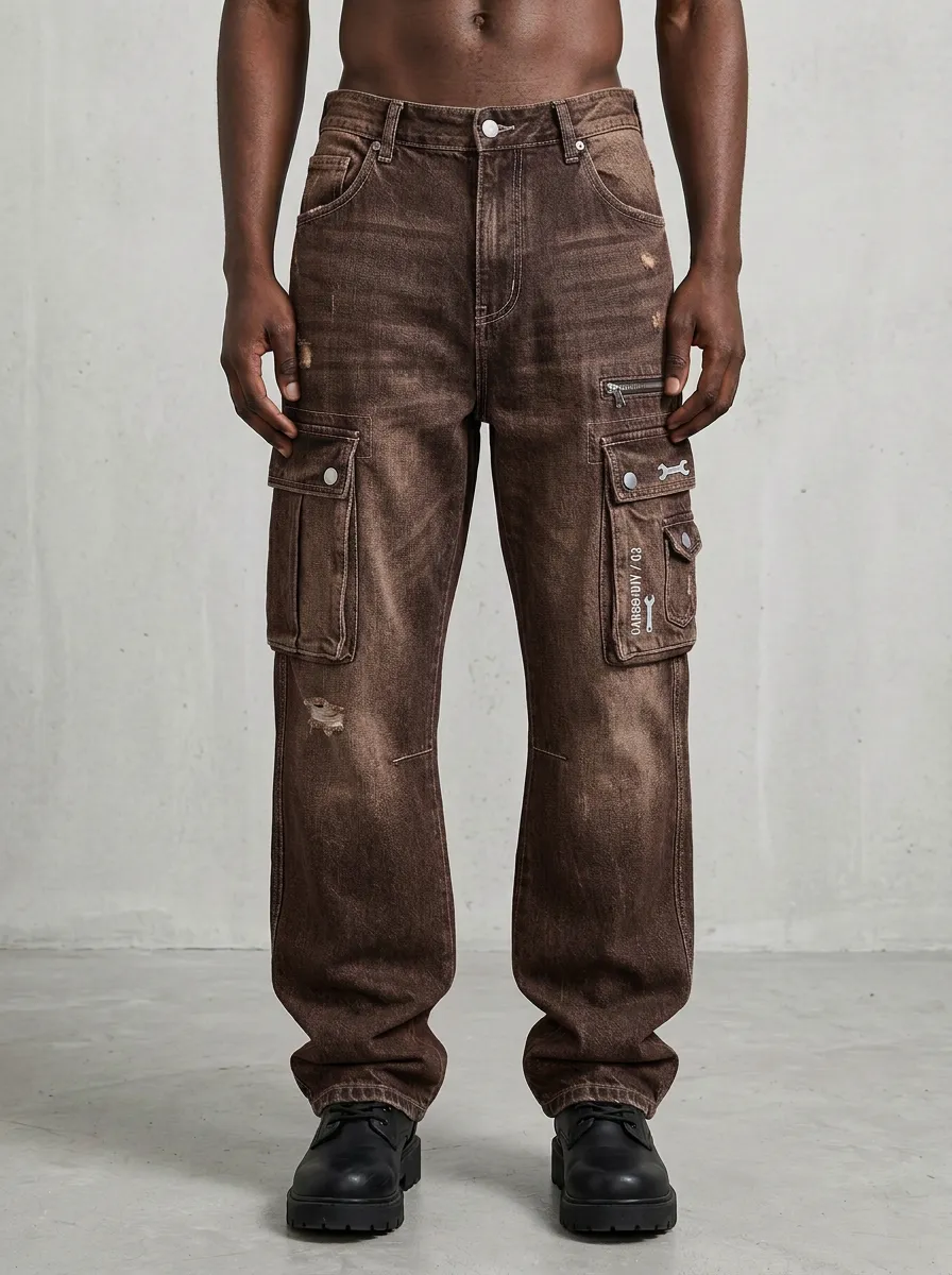 Men's Mechanic Style Wrench Graphic Distressed Denim Cargo Jeans