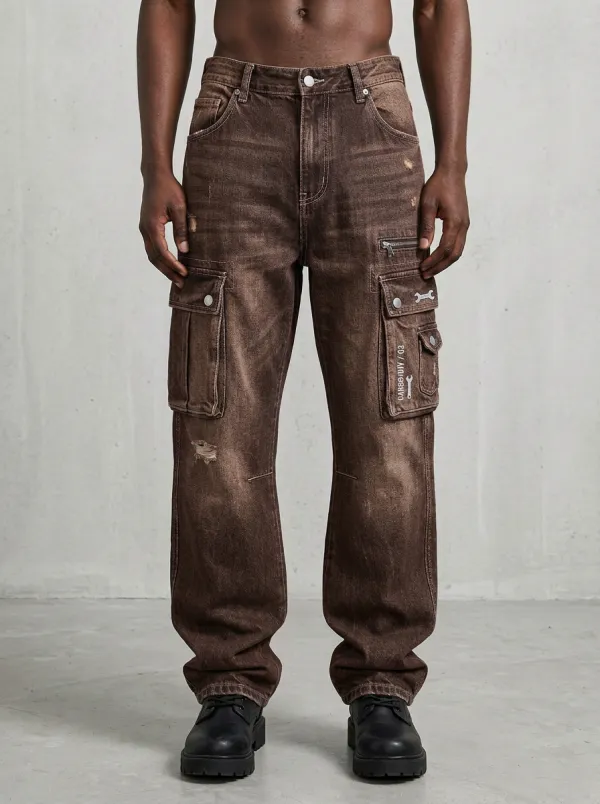 Men's Mechanic Style Wrench Graphic Distressed Denim Cargo Jeans