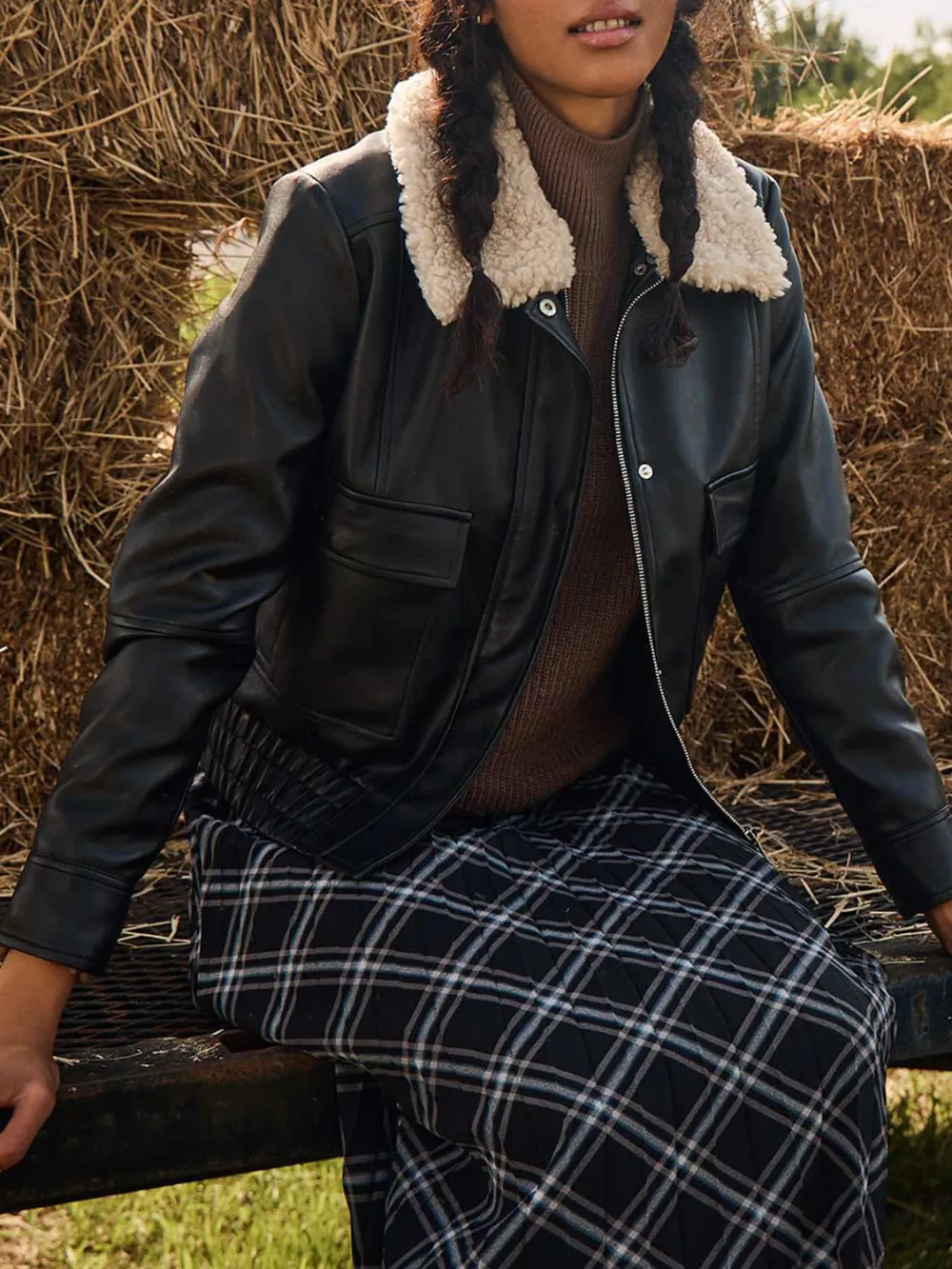 Faux Leather Coat With Shearling Collar