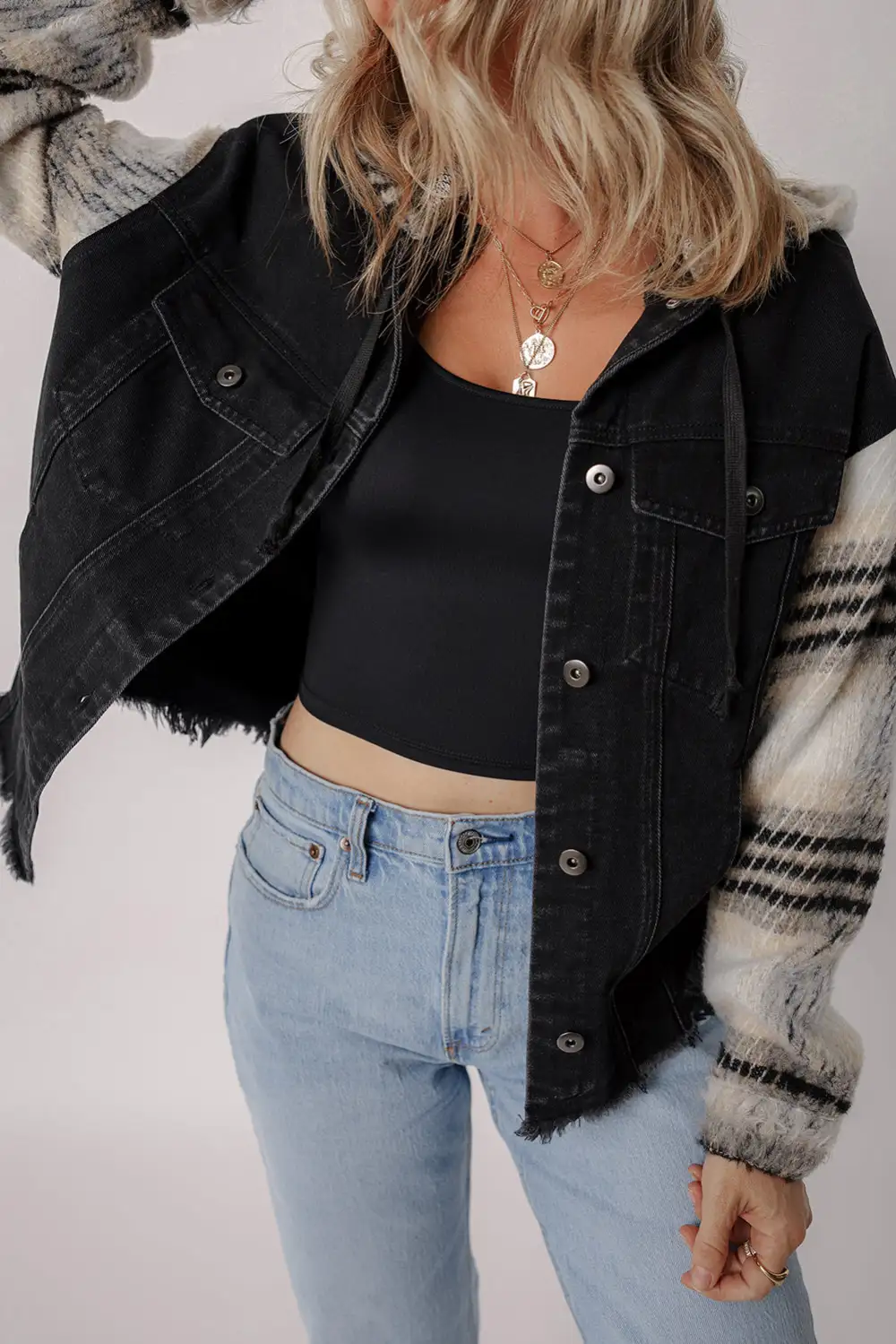 Women's Plaid Sleeve Frayed Hem Hooded Denim Jacket