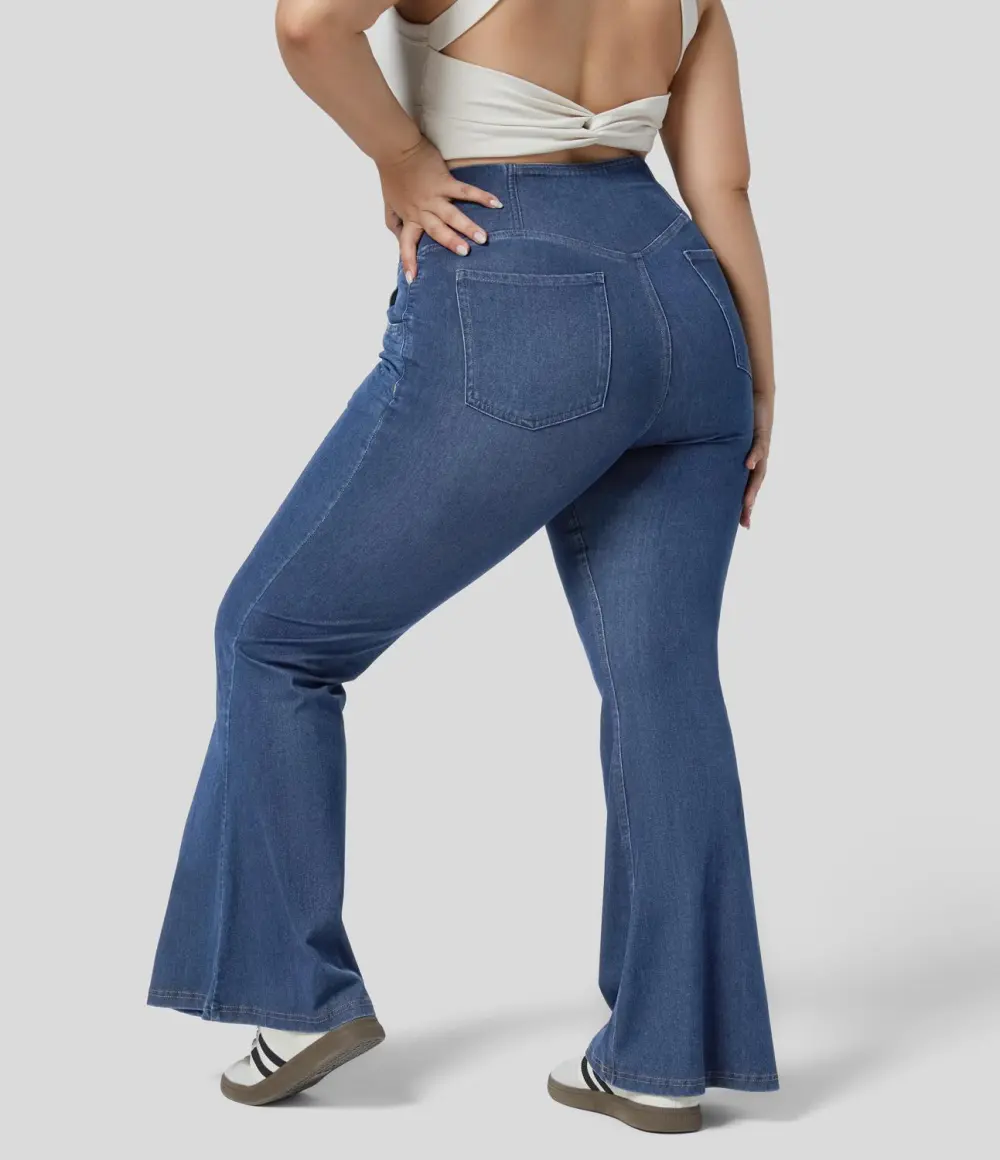 Magic High Waisted Crossover Pocket Cool Touch Breathable Washed Stretchy Knit Plus Size Casual Super Flare Jeans