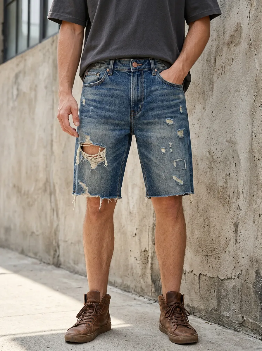 Men's Ripped Denim Shorts with Five Pocket