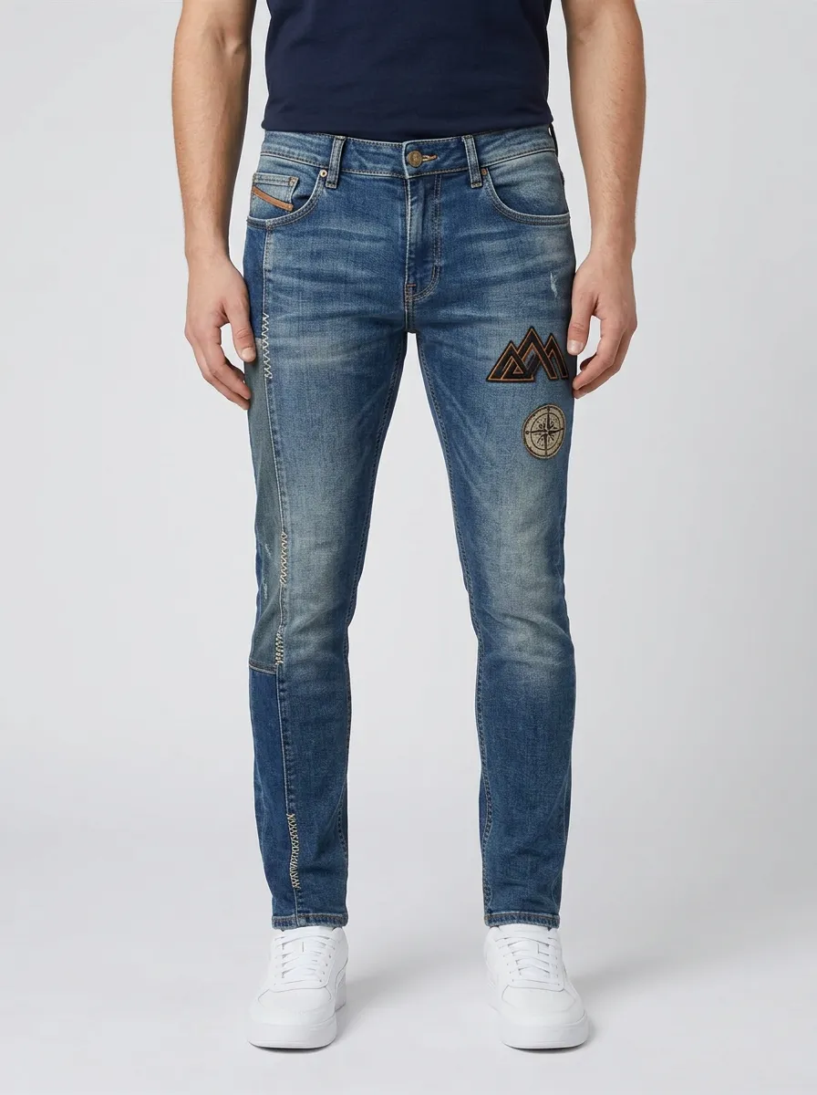 Men's Adventure Mountain Compass Embroidered Slim-Fit Jeans