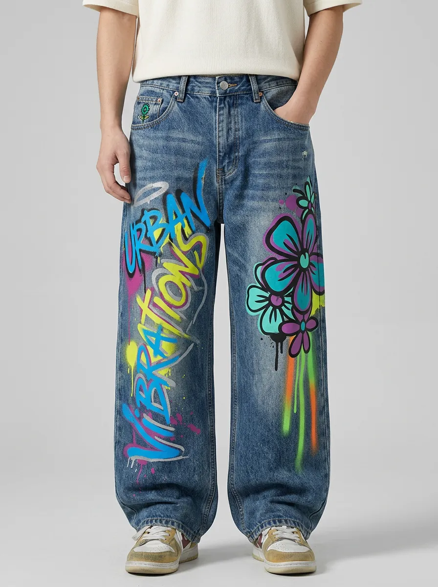 Men's Urban Vibe Graffiti Floral Graphic Cargo Jeans