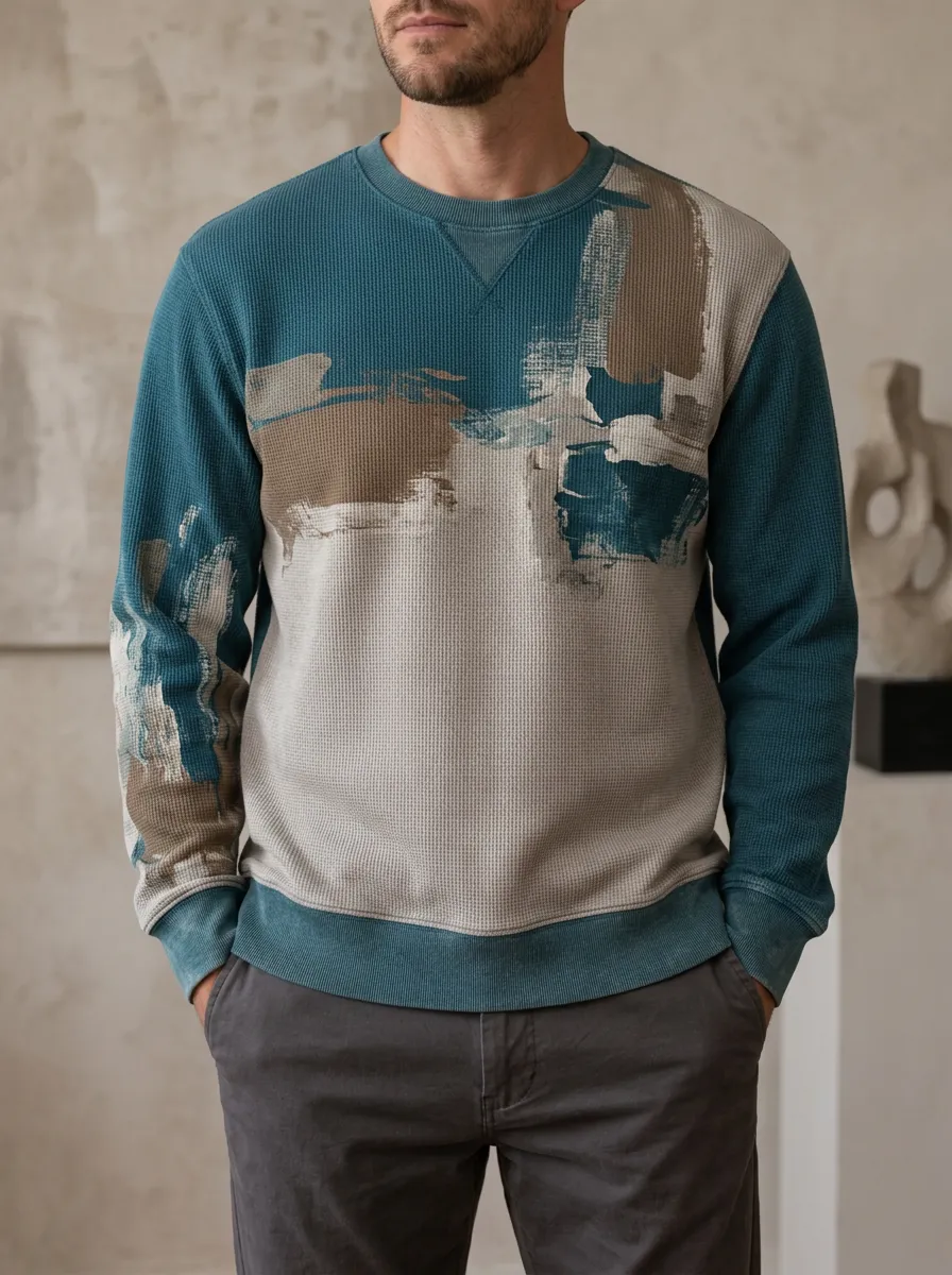 Men's Teal and Beige Abstract Waffle Knit Crewneck Sweatshirt