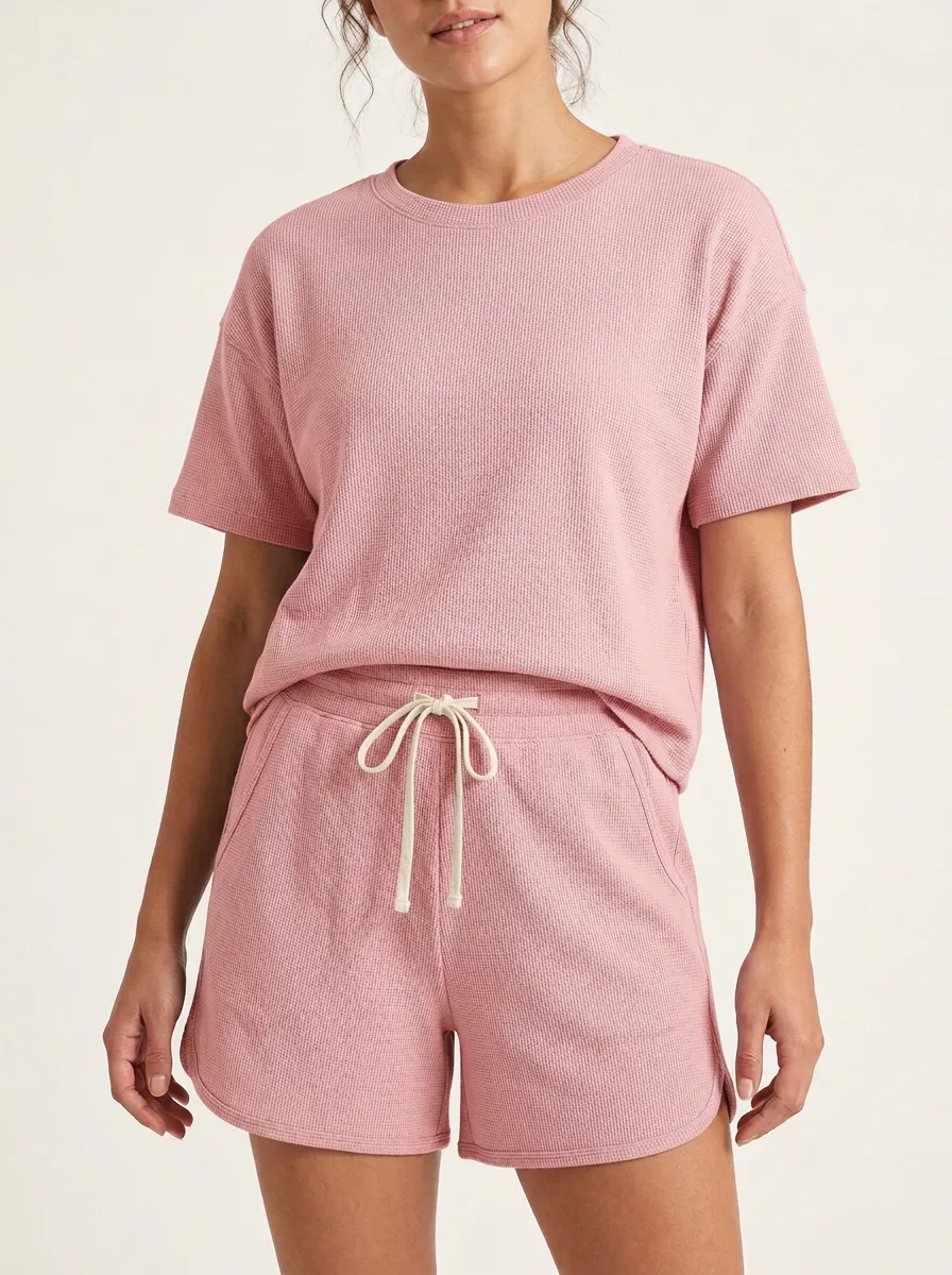 Women's Waffle Textured Drawstring Lounge Inspired T-Shirt and Shorts Active Set