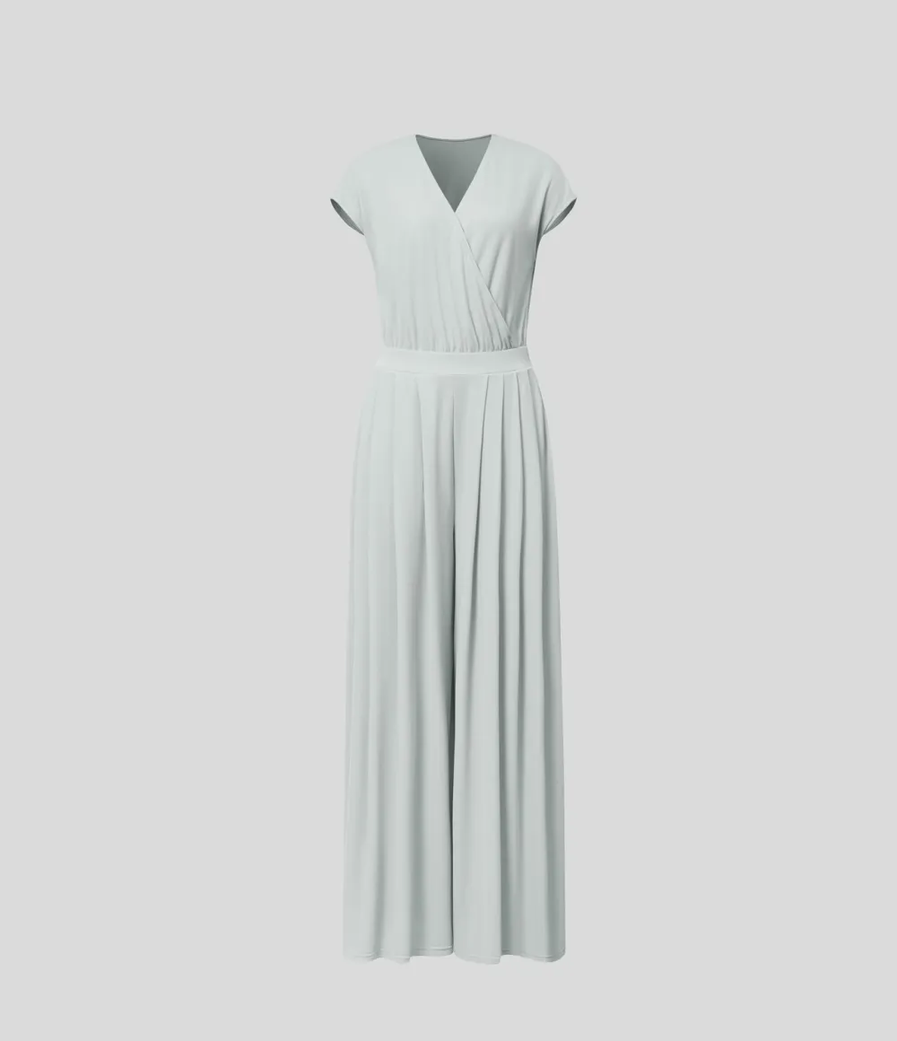 V Neck Short Sleeve Side Pocket Wide Leg Flowy Waffle Casual Jumpsuit