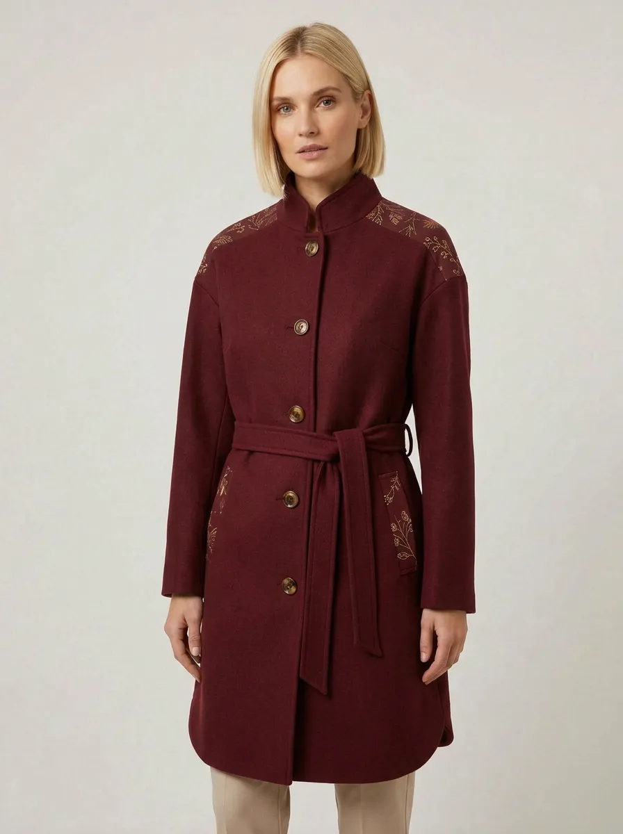 Women's Botanical Floral Embroidered Green Wool-Blend Pattern Coat