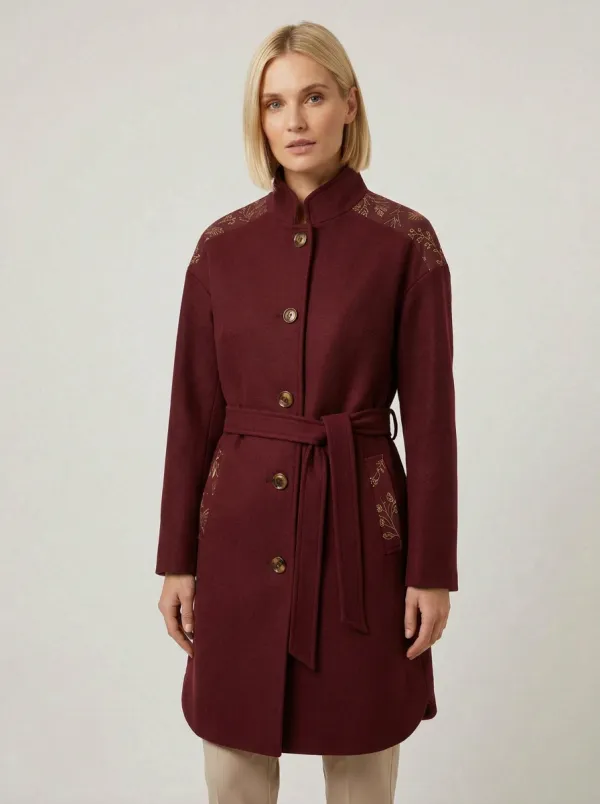 Women's Botanical Floral Embroidered Green Wool-Blend Pattern Coat