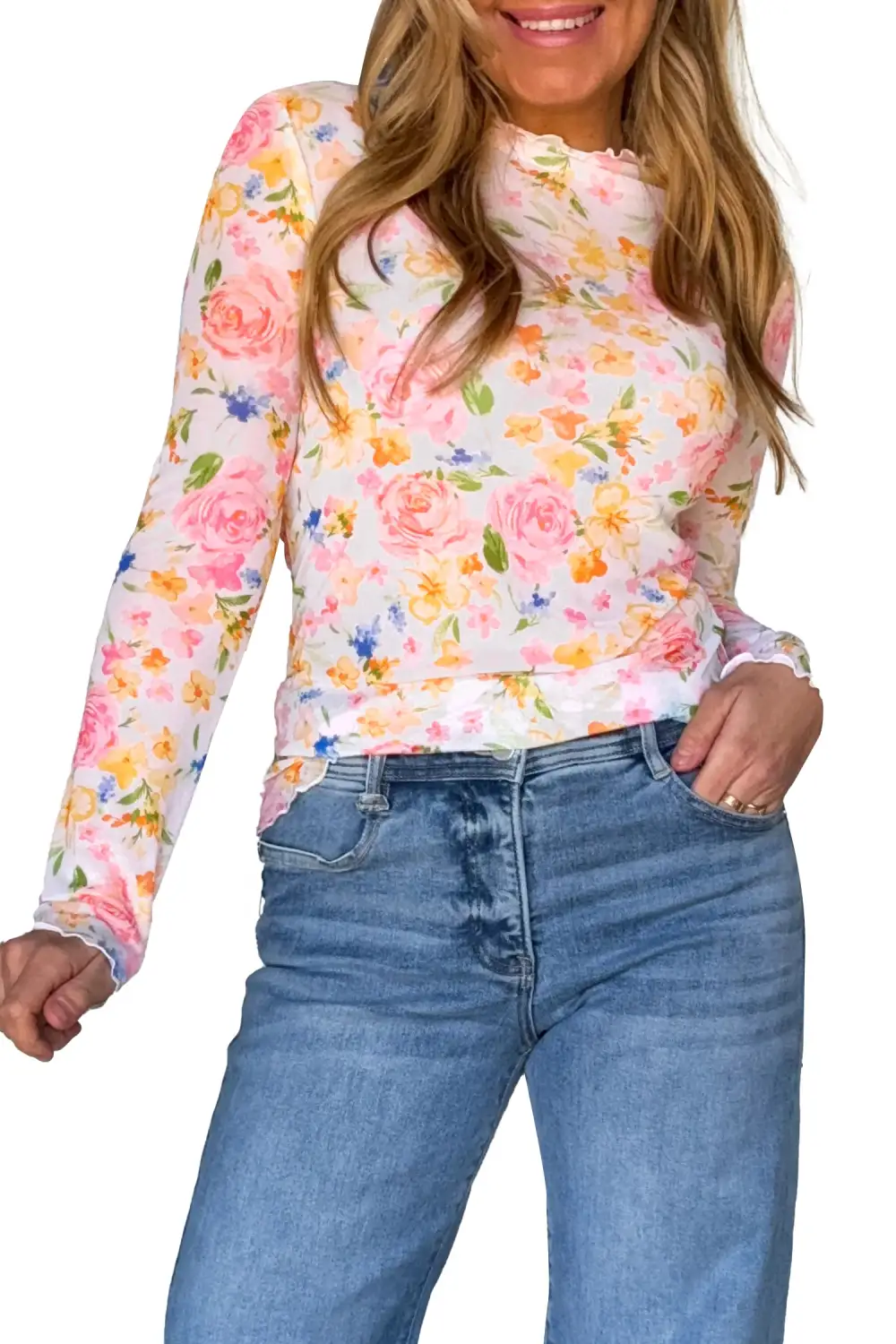 Refined Floral Print Mesh Long Sleeve Top