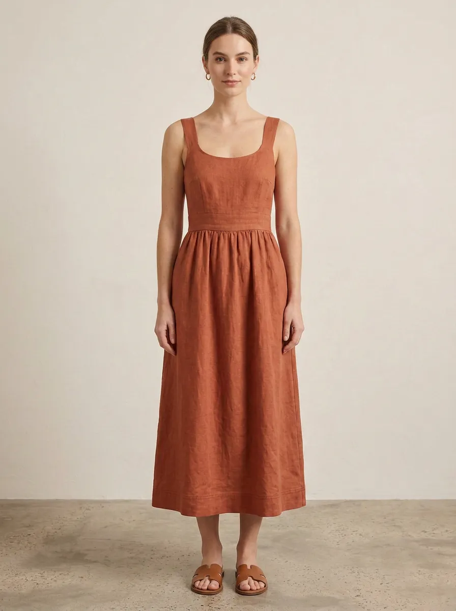 Women's Draped Casual Linen Midi Backless Dress