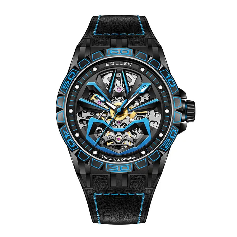 Sollen SL328 Men's Skeleton Automatic Mechanical Watch - 43mm 316L Stainless Steel Case Sapphire Crystal Multi-Layer Dial Leather-Pattern Silicone Strap Wristwatch