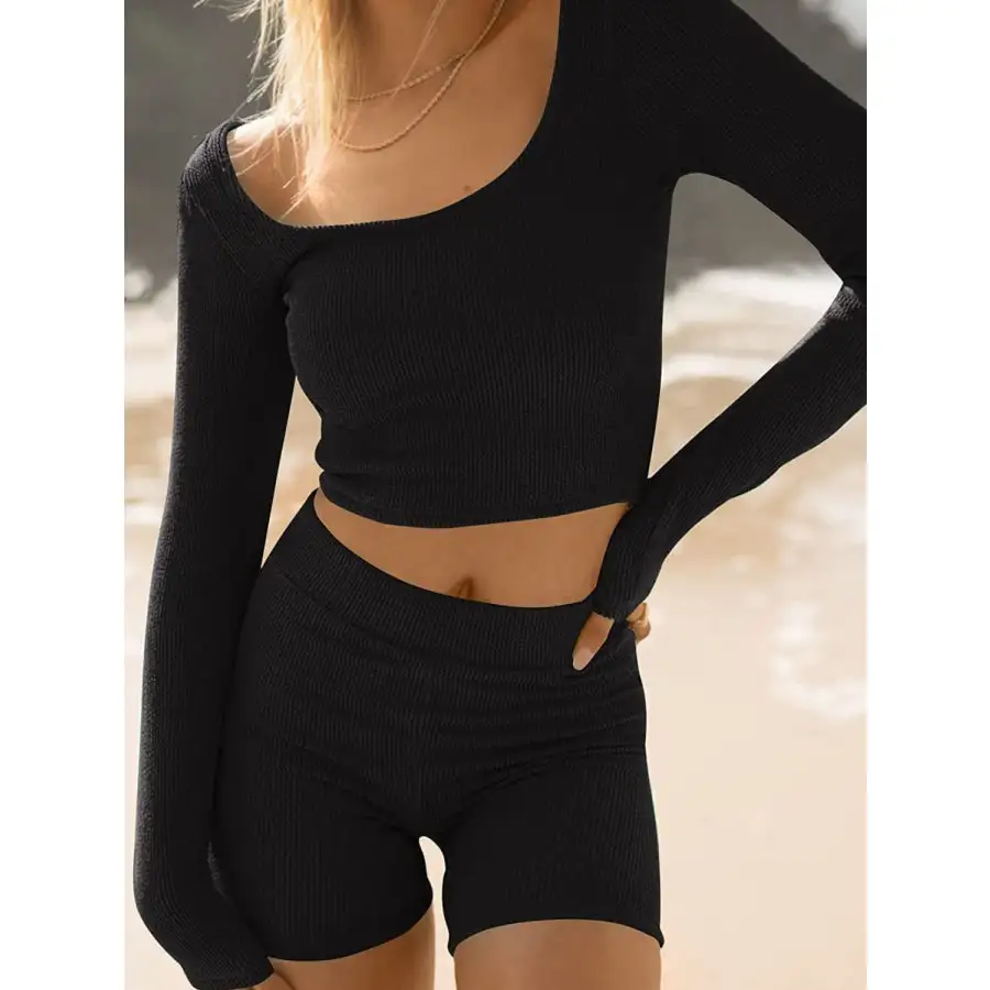 Scoop Neck Long Sleeve Top and Shorts Set