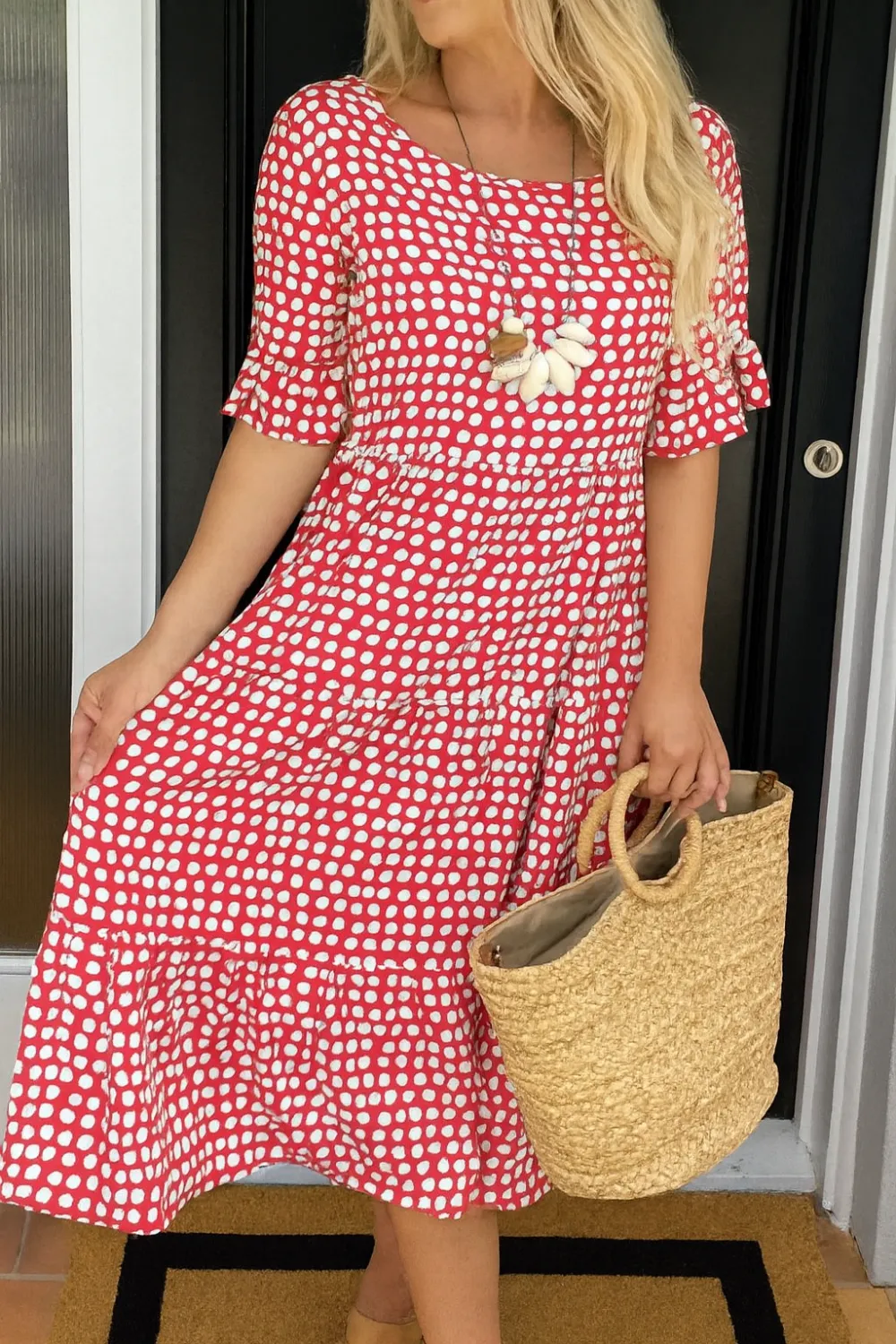  Short Sleeve Polka Dot Midi Dress