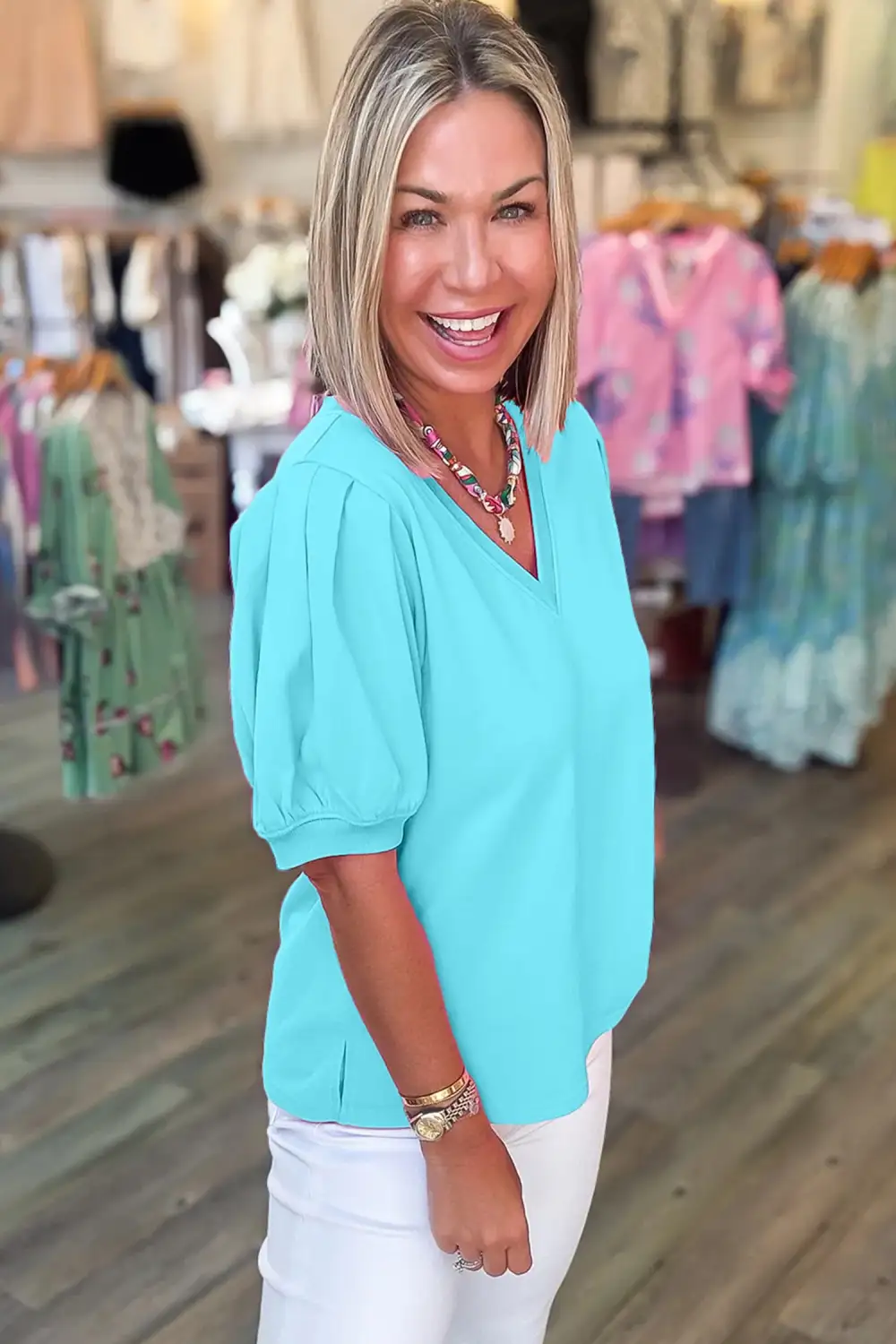 Modern Puff Sleeve V Neck Blouse