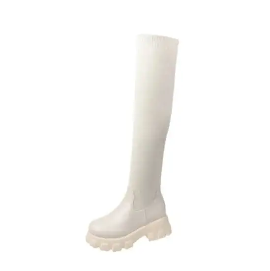 Mesh Round-Toe Square-Heel Knee-High Boots