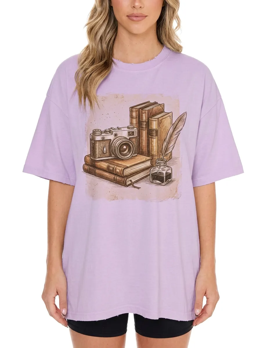 Women's Writer Photographer Vintage Books Camera Ink Graphic T-Shirt