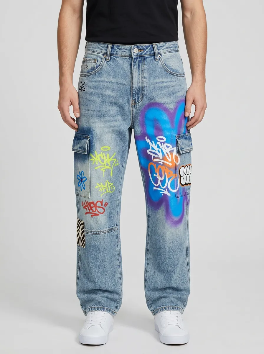 Men's Streetwear Graffiti Flower Pattern Mix Cargo Jeans