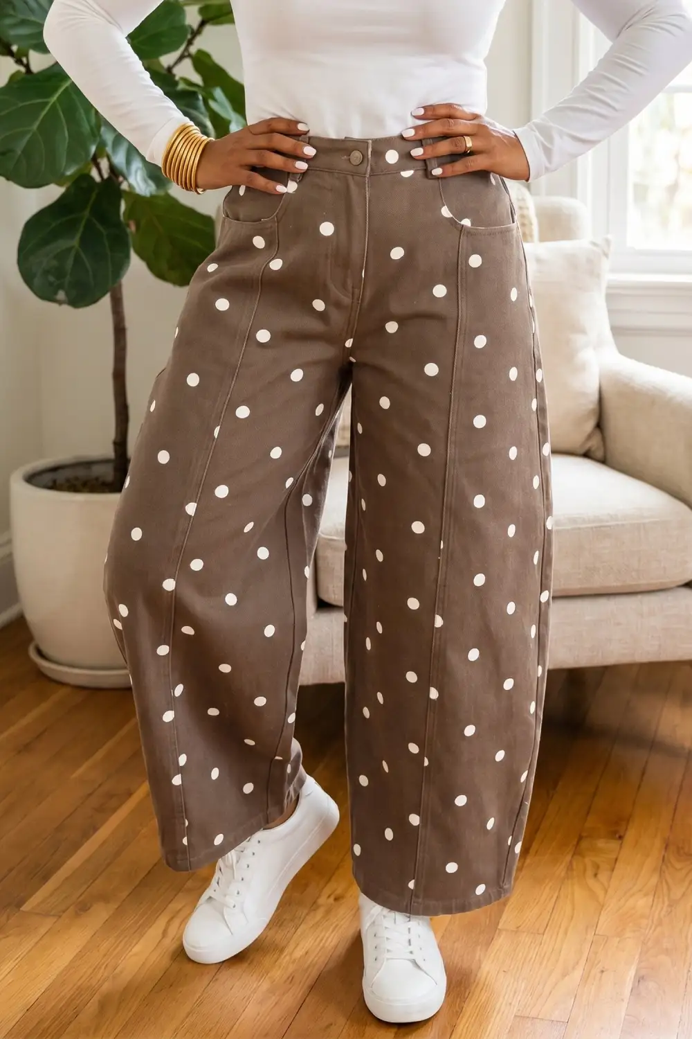 Women's Polka Dot Barrel Jeans With Tailored Seam