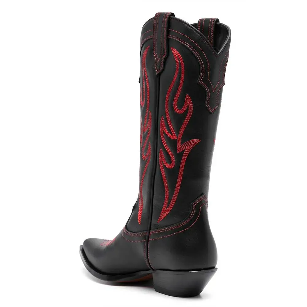 Faux-Leather Embroidered Pointed-Toe Chunky-Heel Mid-Calf Boots