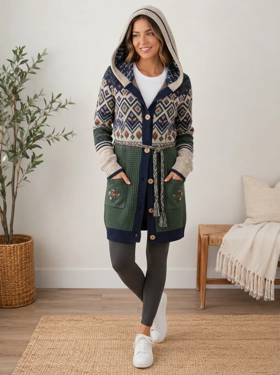 Women's Boho Geometric Floral Pattern Hooded Knitted Cardigan
