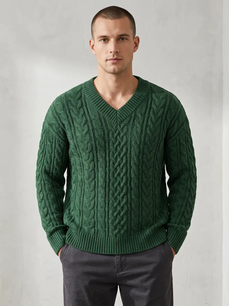 Men’s Ribbed Cable-Knit V-Neck Versatile Sweater