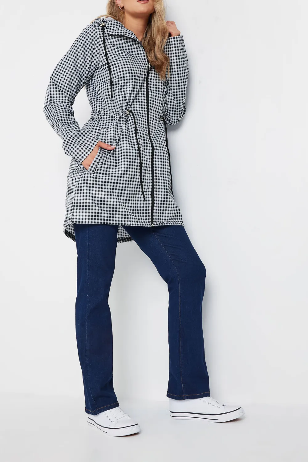 Casual Style Gingham Pocket Parka Coat