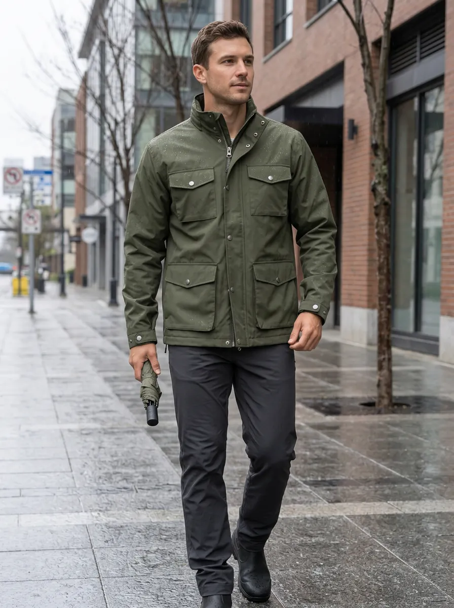 Men's Olive Green Utility Waterproof Jacket
