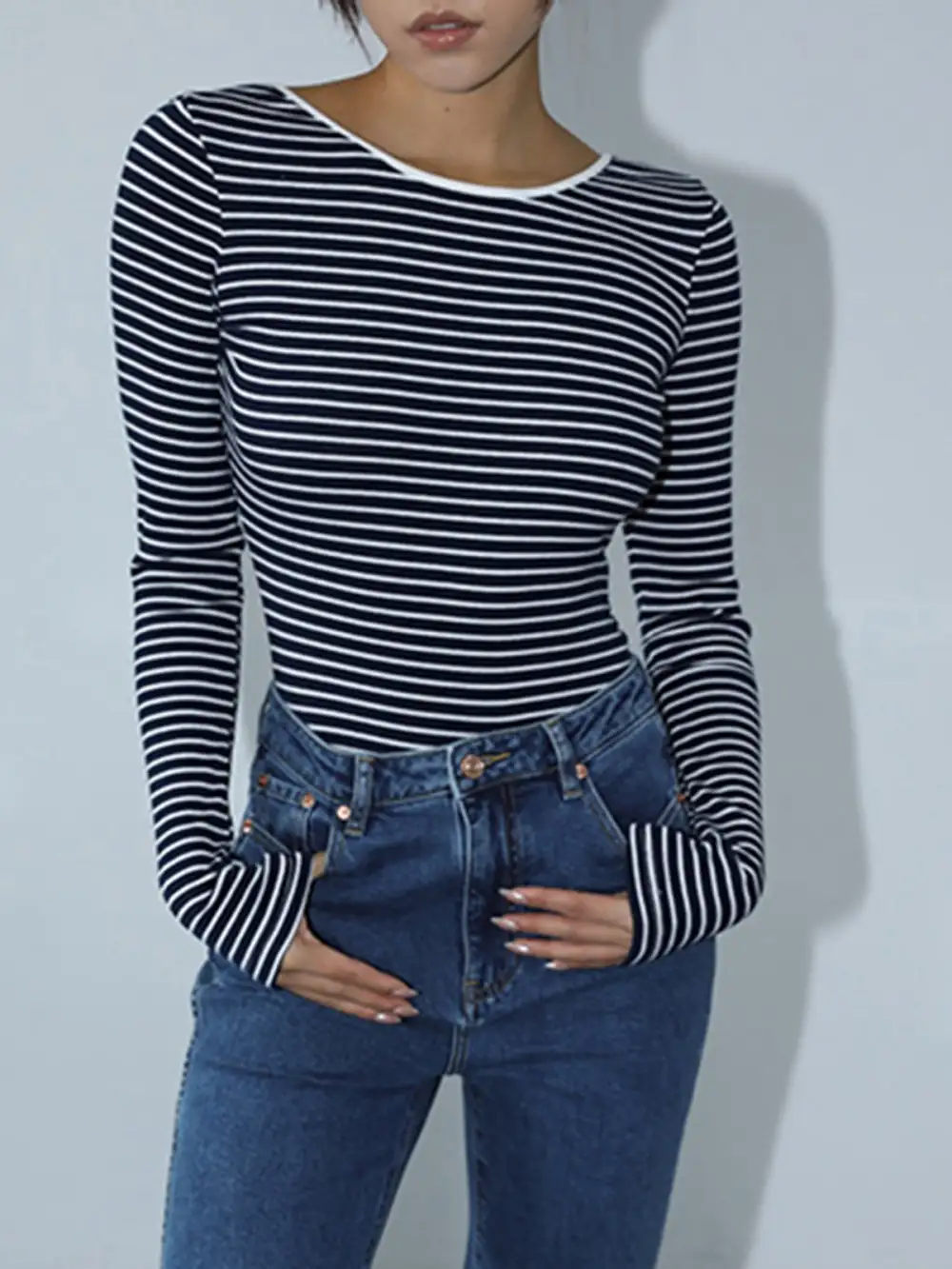 Striped Backless Long Sleeve Bodysuit
