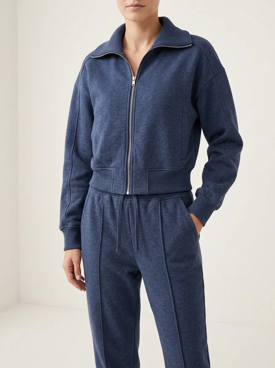 Leisure Ready Zip Front Cropped Relaxed Fit Women's Long Sleeve Active Two Piece Set
