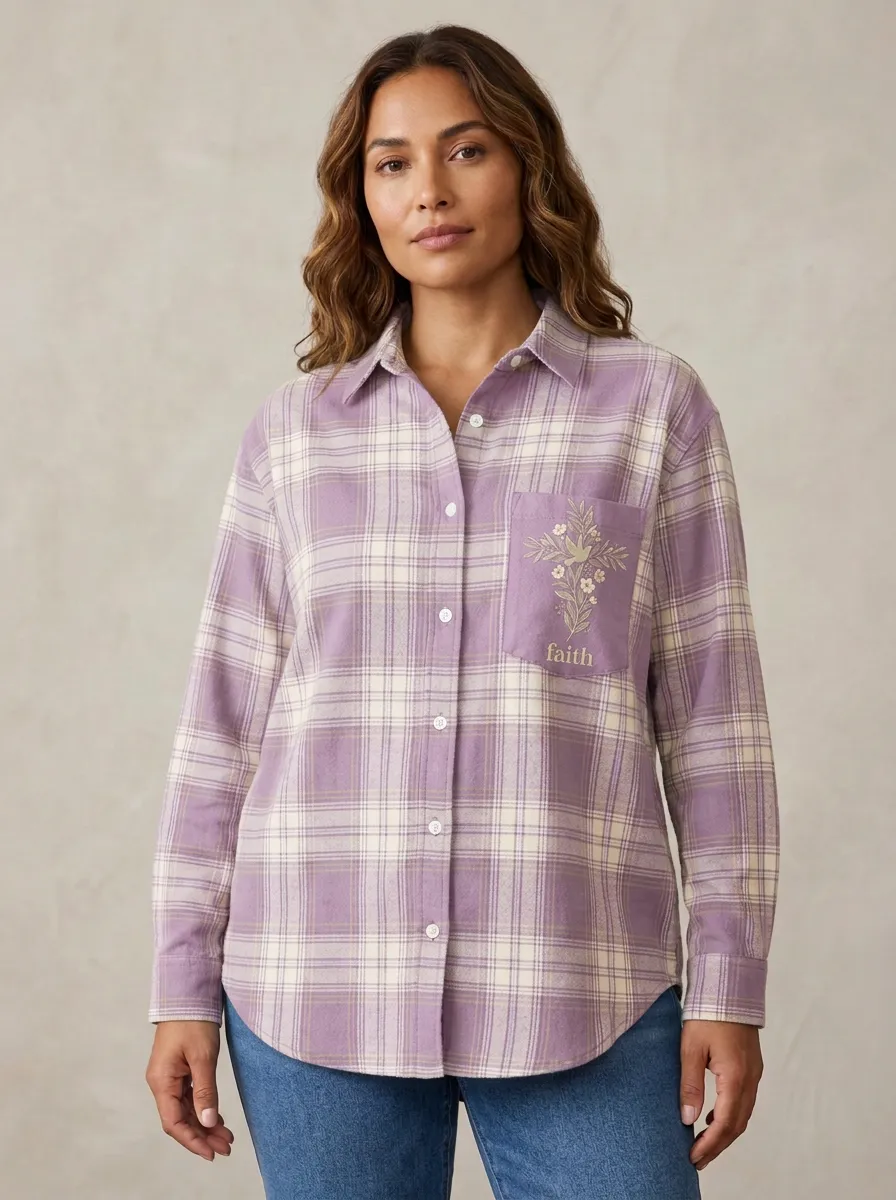 Women's Green Cream Cross Pocket Button-Down Plaid Shirt