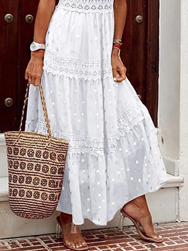 Women's Long Dress Maxi Dress Casual Dress A Line Dress Summer Dress Polka Dot Casual Modern Outdoor Daily Holiday Lace Ruffle Sleeveless V Neck Dress Regular Fit White Spring Summer S M L XL XXL