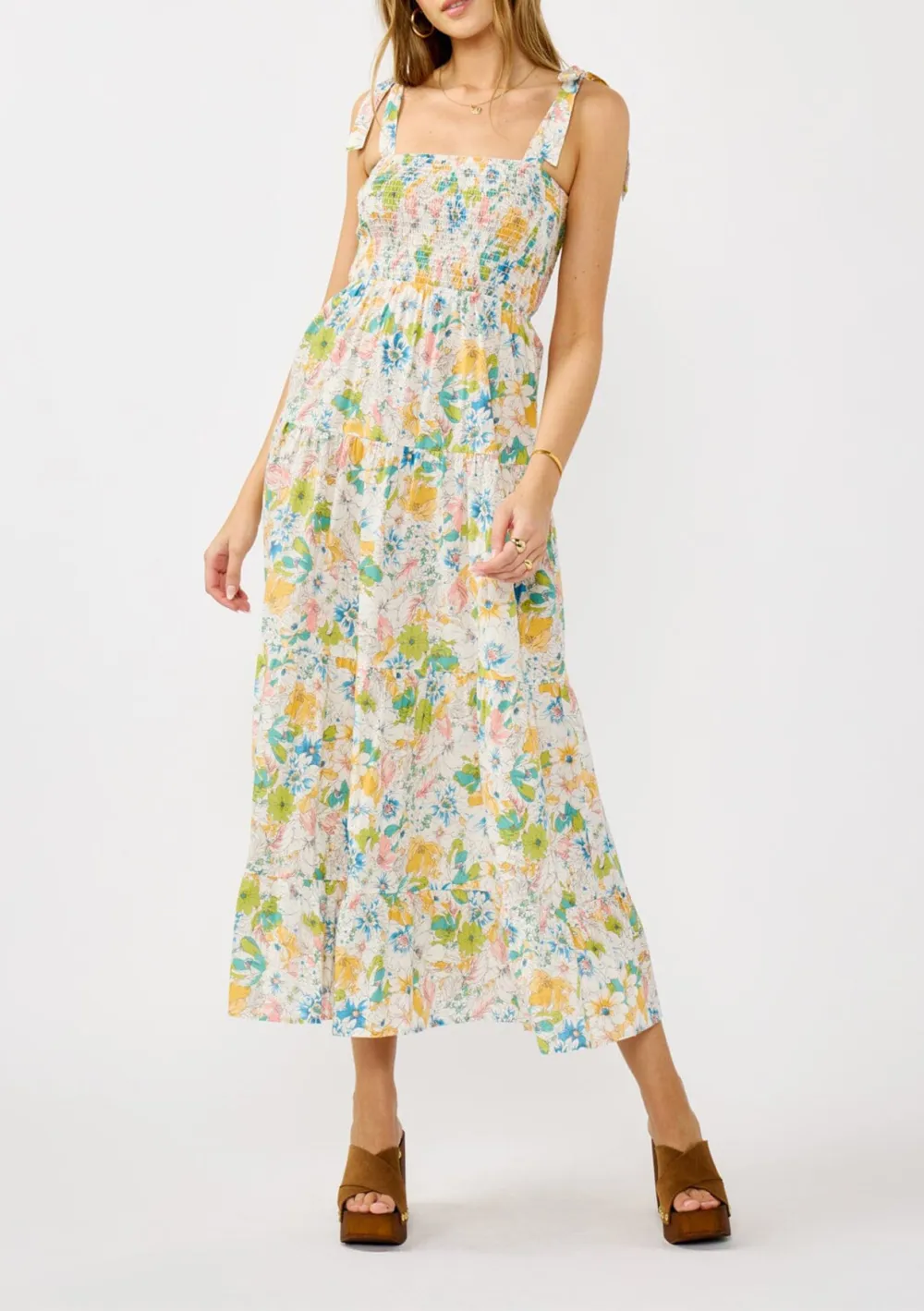 Smocked Tied Shoulder Maxi Dress