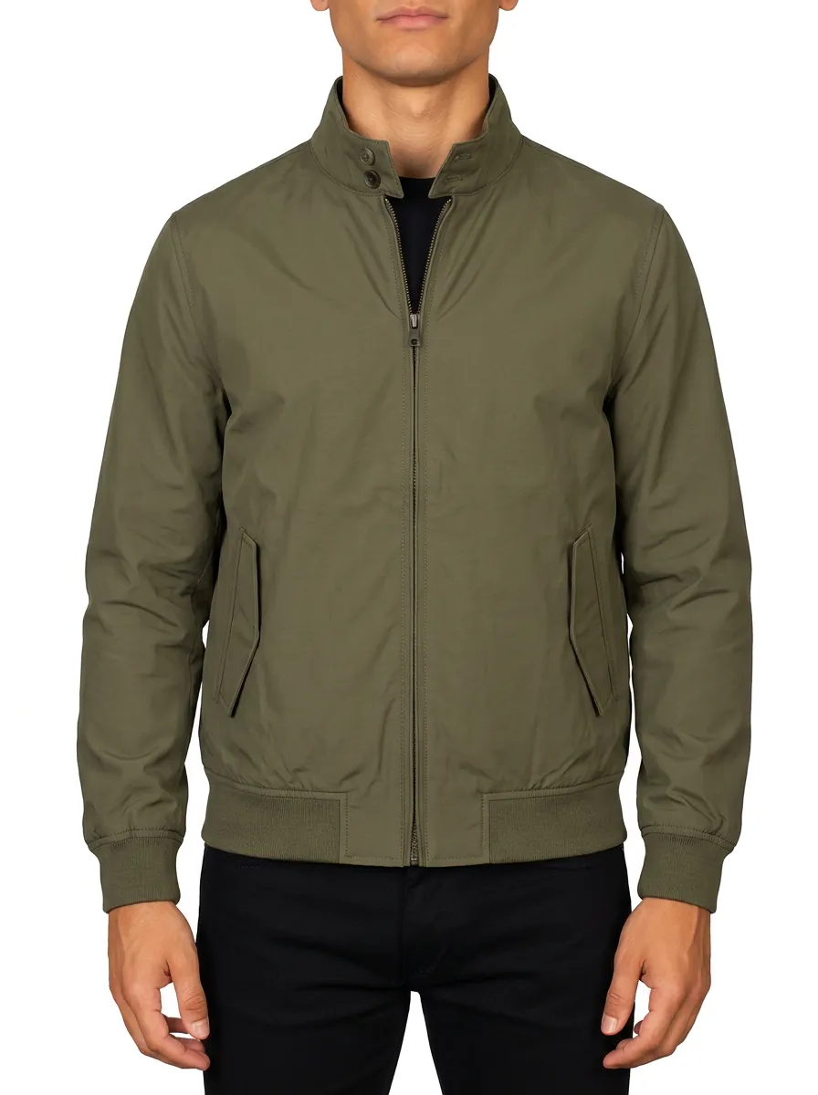 Men's Casual Olive Green Stand Collar Zip-up Bomber Jacket