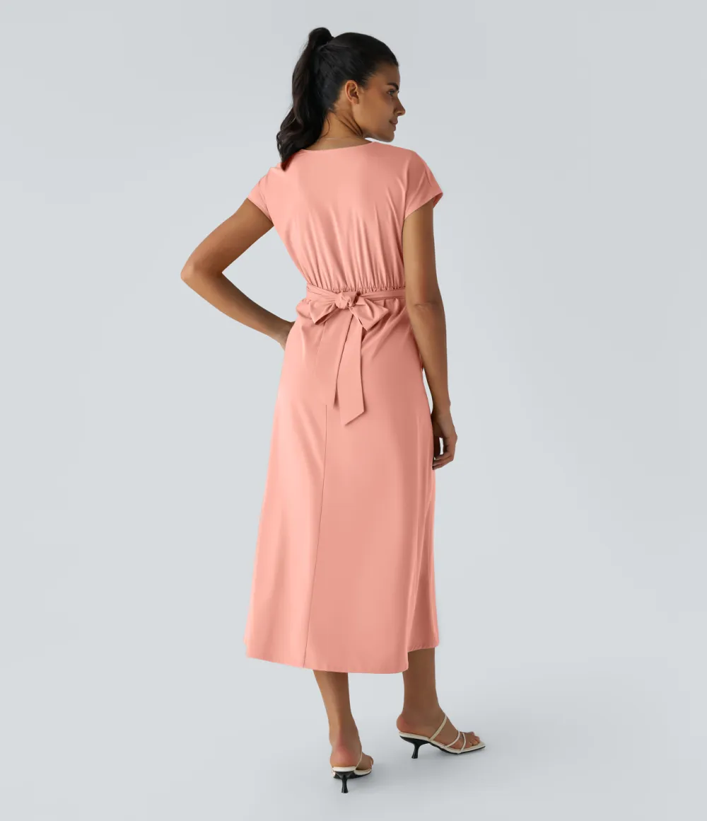 Breezeful V Neck Short Sleeve Side Pocket Tie Back Quick Dry Midi Casual Dress